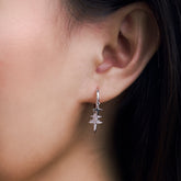 Fine jewellery, silver jewellery, hypoallergenic, tarnish-free,Close-up front  view of a silver star with crystal earrings worn on a person's ear